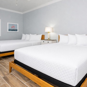 Cozy guest room featuring two queen beds, a stylish lamp, and cheerful artwork for a relaxing stay