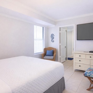 The guest bedroom features a cozy chair by the window, a large TV, and a stylish dresser, perfect for relaxation