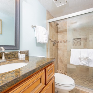 Master bath featuring a granite countertop, elegant fixtures, and a walk-in shower with stylish tile accents