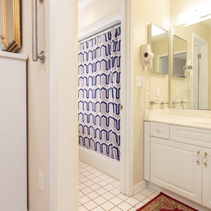 Master bathroom featuring a white vanity, large mirror, and a walk-in shower with stylish curtain, creating a refreshing vibe