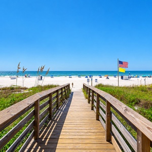 Step onto the boardwalk leading to the beautiful sandy beach, find your relaxing getaway to Gulf Shores at Royal Palms