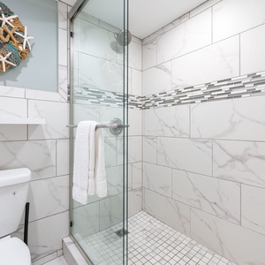 Refreshing master bath walk-in shower featuring elegant tile and decorative accents