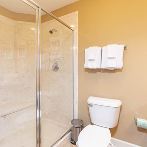 This bathroom features a sleek glass walk-in shower, elegant granite countertops, and fresh towels for a refreshing retreat