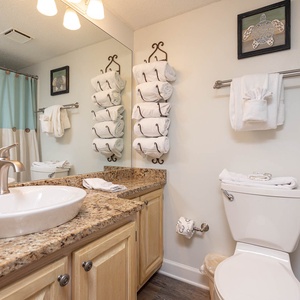 Refresh in this guest bathroom featuring a stylish vanity, ample towels, and a relaxing shower area