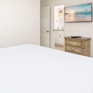 Relax in the inviting guest bedroom featuring a queen bed, elegant dresser, and a TV for your entertainment
