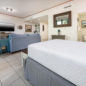 Experience comfort in the spacious living area, featuring plush seating and a queen bed in the sleeping area