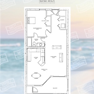 One-bedroom layout with spacious living, dining, and kitchen areas with beachfront balcony access