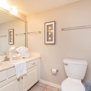 Guest bathroom featuring a spacious vanity with neatly stacked towels, a decorative wall art piece, and a large mirror