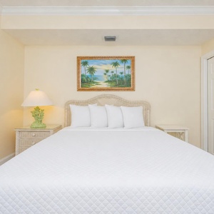 Drift into comfort on soft queen bedding, with serene decor enhancing restful nights after vacation adventures