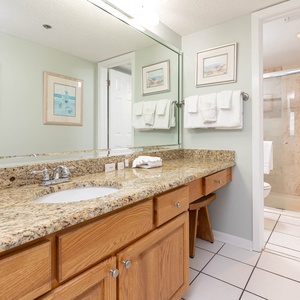 Spacious master bath featuring a large granite countertop, stylish decor, and a walk-in shower