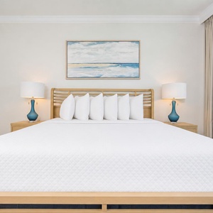 Serene master bedroom with a king bed, soft lighting, and artwork that evokes a calming coastal vibe