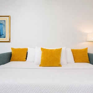 Bright yellow pillows accent a cozy twin bed plus twin trundle, inviting relaxation in a stylish, well-decorated room