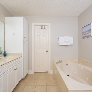 Indulge in a soothing soak in the jetted tub in the master, enhancing your relaxation experience