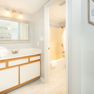 Master bathroom featuring a vanity, a large mirror, and a tub/shower combo with a patterned curtain for added privacy
