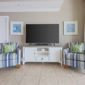 Sink into the plush armchairs and enjoy streaming your favorite shows in a relaxing coastal atmosphere