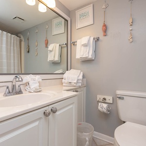 Guest bathroom featuring a spacious vanity, decorative seashells, and fresh towels, creating a relaxing atmosphere