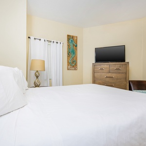 This bedroom features a large bed, a TV for entertainment, and a charming seahorse decor piece