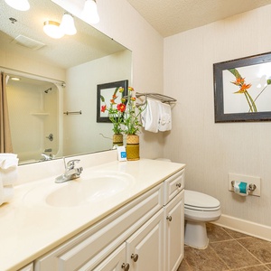 Enjoy the guest bathroom featuring a spacious vanity, elegant decor, tub/shower, and fresh flowers for a refreshing vibe