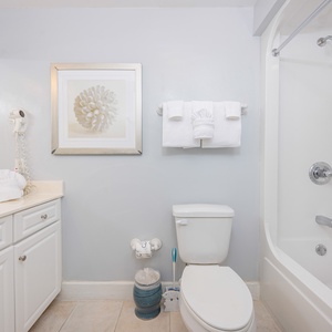 Enjoy a relaxing shower after a day of adventure in this guest bath with stylish accents and fluffy towels