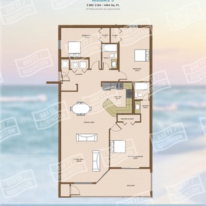 Floor plan of a three-bedroom, two-bath residence showcasing an open living area, dining space, and modern kitchen layout
