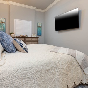 Stretch out on the fluffy king bed in the master, dim the lamp, and stream favorites on the wall-mounted TV