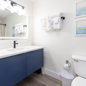 Refresh in the stylish guest bathroom featuring a sleek vanity, modern lighting, and plush towels