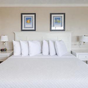 Bright master bedroom features a plush king bed adorned with multiple pillows, complemented by colorful art on the walls