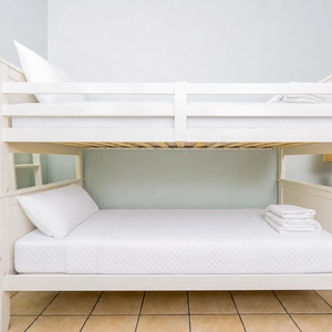 Twin bunk beds with fresh linens provide a cozy sleeping area, complemented by a nearby blue sofa and decorative lamp