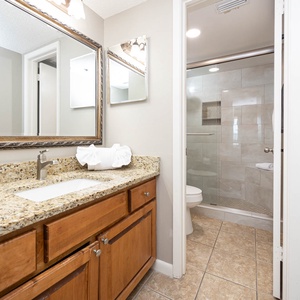 The master bathroom features a granite countertop, elegant mirrors, and a walk-in shower with modern tile accents