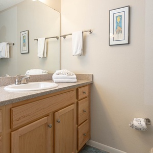 Bright guest bathroom featuring a large mirror, ample counter space, and decorative accents, with towels neatly arranged