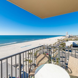 Enjoy expansive views of the tranquil waters and shoreline, overlooking the Gulf Shores public beach and heart of the city