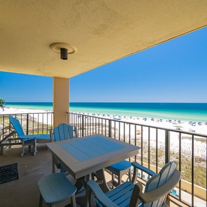 Blue skies stretch above your balcony as you relax listening to gentle waves and distant laughter