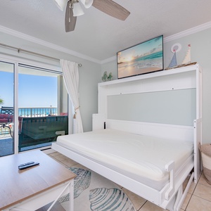 The built-in Murphy bed easily folds away to create a spacious and versatile living area