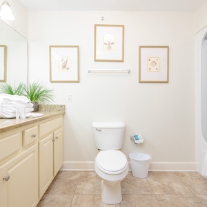 Refreshing guest bathroom featuring elegant shell artwork, a spacious granite countertop, and a clean tub/shower combo