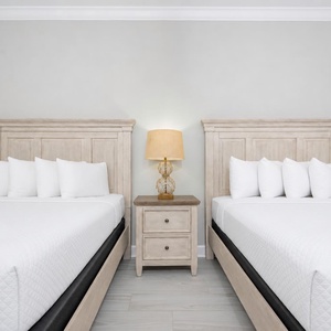 Rest comfortably in this guest bedroom featuring two beds and a stylish lamp with soft lighting