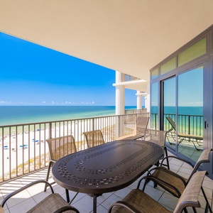 Enjoy tranquilizing views from the balcony, complete with a dining table and comfortable seating