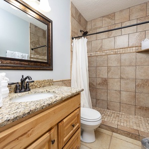 Refresh in the stylish guest bathroom featuring a granite countertop, tiled walk-in shower, and ample storage