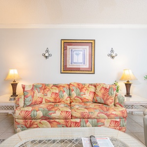 Relax on the sofa with a queen sleeper after a fun day at the beach