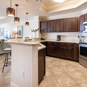 The kitchen features stainless appliances, rich wood cabinetry, and a view of the living area with a cozy couch and TV