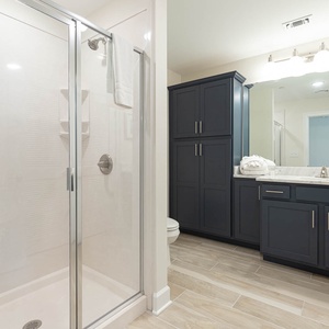 Enjoy a warm rinse in this guest bath, then grab a plush towel for a refreshing shower