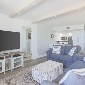 The living area features comfortable seating, a large TV, and a view into the stylish kitchen, perfect for relaxation