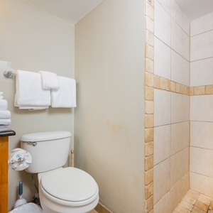Stacked towels await your refresh after a warm shower in the guest bath with textured tile accents