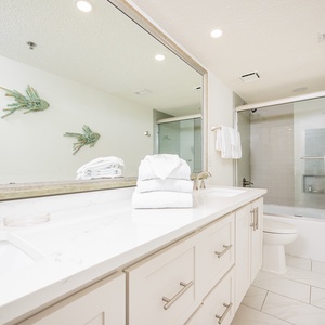 Elegant master bath featuring a spacious vanity, decorative fish art, and a tub/shower combo enclosed in glass