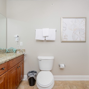 Refreshing guest bathroom featuring a granite countertop, plush towels, tub/shower, and stylish beach-themed decor