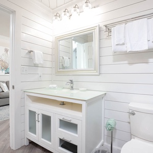 Bathroom updated with modern vanity, plenty of light and a charming shiplap accent wall