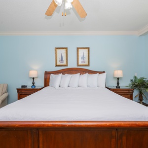 Retreat to the king master suite with cozy bedding and drift off to coastal sights and sounds of the bay