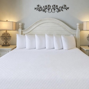 Cozy master bedroom featuring a large king bed with plush bedding, elegant lamps, and soft blue walls for a serene atmosphere