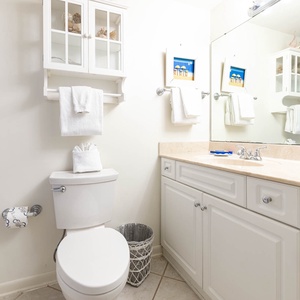 Refresh in this guest bathroom featuring a spacious vanity, decorative accents, tub-shower, and a relaxing atmosphere