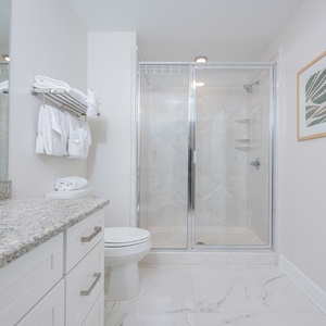 Stylish guest bathroom featuring a walk-in shower, elegant lighting, and neatly arranged towels for your comfort