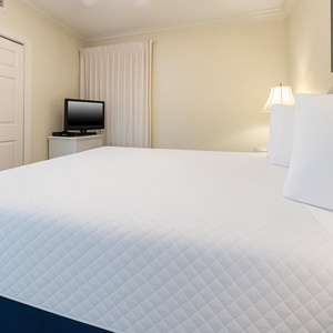 Bedroom featuring a king bed, a TV for entertainment, and soft lighting from bedside lamps, creating a relaxing vibe